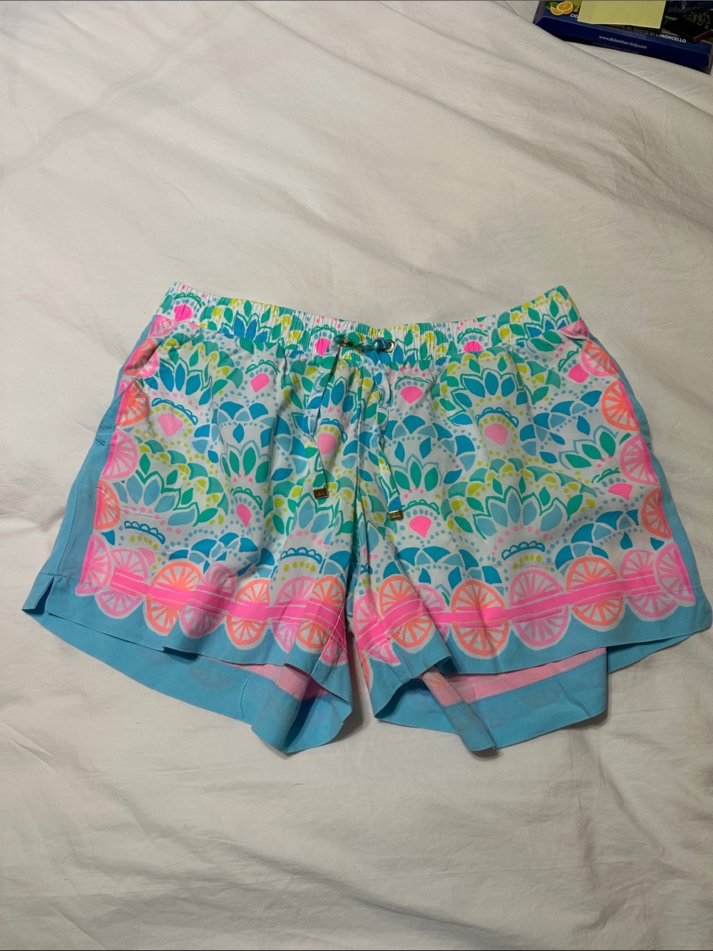 Lilly Pulitzer Aqua Floral Print Athletic Shorts with Pink Trim